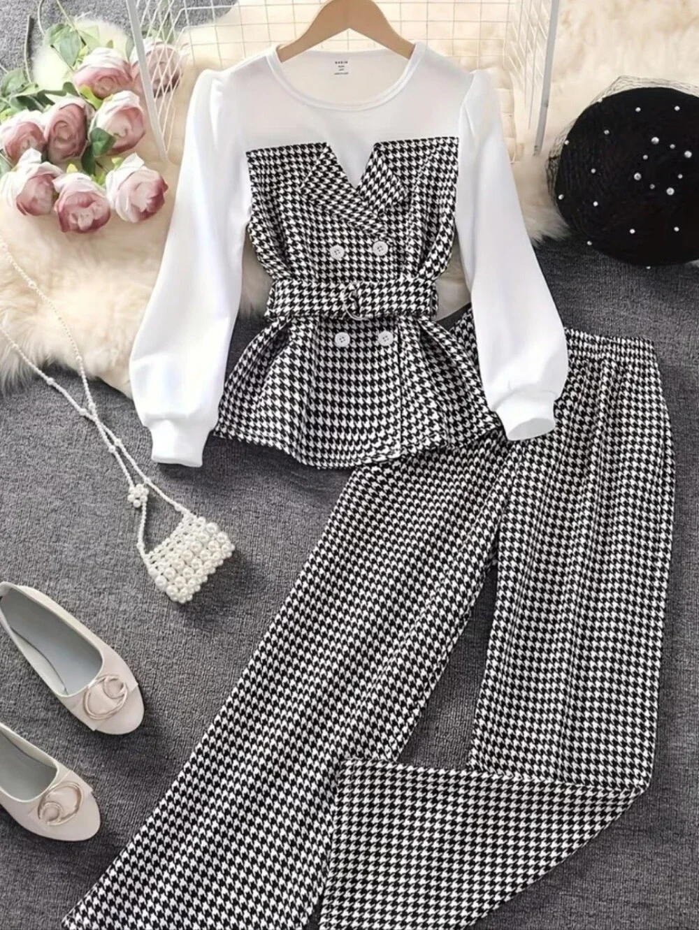 Houndstooth Two-Piece Pant Set 🤍🖤
